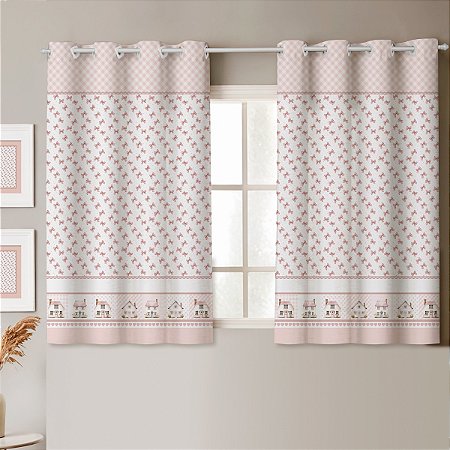 Cortina Simples 2,20m x 1,40m altura -Estampa Cottage Casinhas Rosê Digital