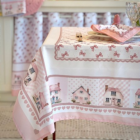 Toalha Para Mesa de 6 Lugares 2,20 x 1,35m - Estampa Digital Casinhas Rosê