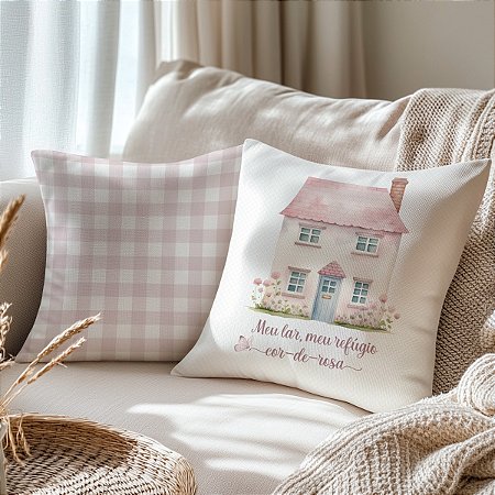 02 Capas Para Almofadas Decorativas - Oxford Estampa Digital Casinha + Xadrez Rosê