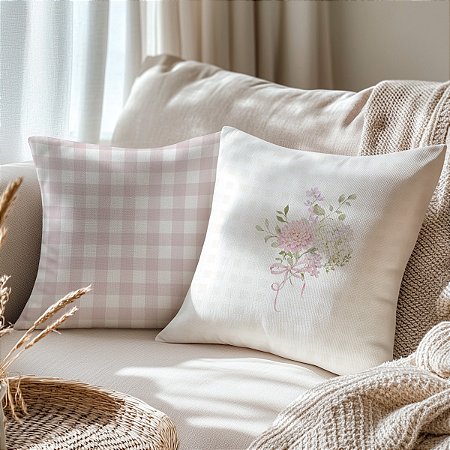 02 Capas Para Almofadas Decorativas - Oxford Estampa Digital Buque + Xadrez Rosa