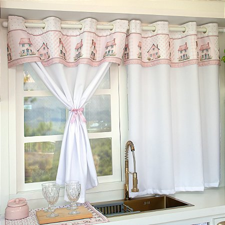 Cortina Cozinha Bandô 2,60m x 1,40m. Coleção Digital Casinhas Rosê