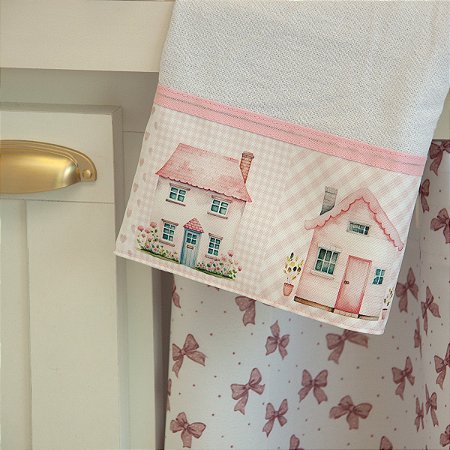 01 Pano de Prato Cozinha C/Barrado Digital -Coleção Casinhas Rosê