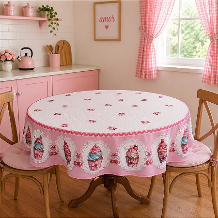 Toalha de Mesa Festa Redonda 1,45 X 1,45 Mesa 4 Lugares Estampa Digital Cupcake Rosa