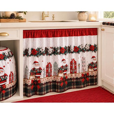 Cortina de pia p/ Cozinha 2,20mx80cm Estampa Natal Papai Noel Xadrez