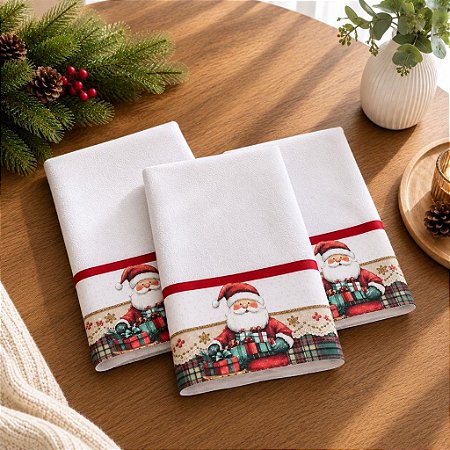 Kit 3 Panos de Prato Cozinha Barrado Estampa Natalino Noel Natal
