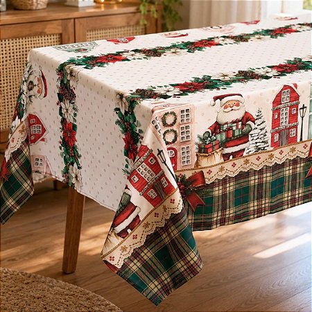 Toalha de Mesa 2,20m X 1,35m - Para 6 Lug Papai Noel Xadrez Natal