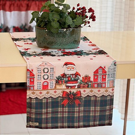 Caminho de mesa 1,35m x 45cm -  Natal Papai Noel Xadrez