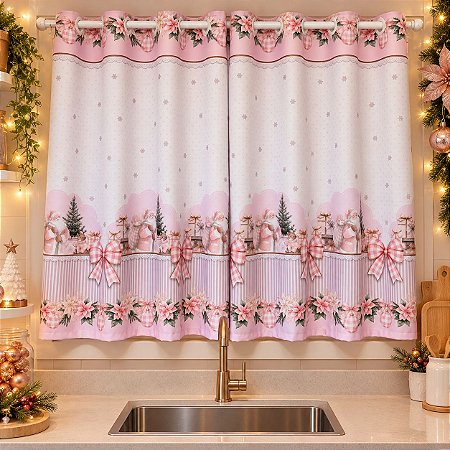 Cortina Cozinha Simples 2,20m x 1,40m - Coleção Natal Papai Noel Rosa