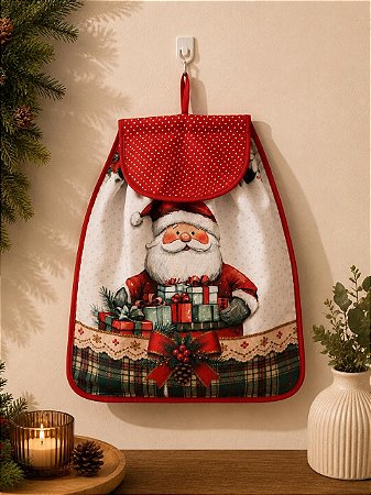 Puxa Saco /Guarda Sacolas - Estampa Digital Natal Papai Noel Xadrez