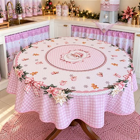 Toalha Redonda 4 Lugares 1,45m Estampa Papai Noel Rosa Natal