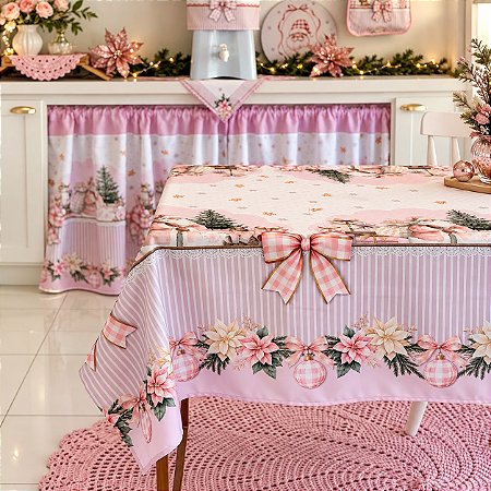 Toalha de Mesa 2,20m X 1,35m - Para 6 Lugares Papai Noel Rosa Natal