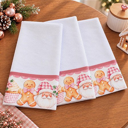 Kit 3 Panos de Prato Cozinha Barrado Estampa Natal Papai Noel Rosa