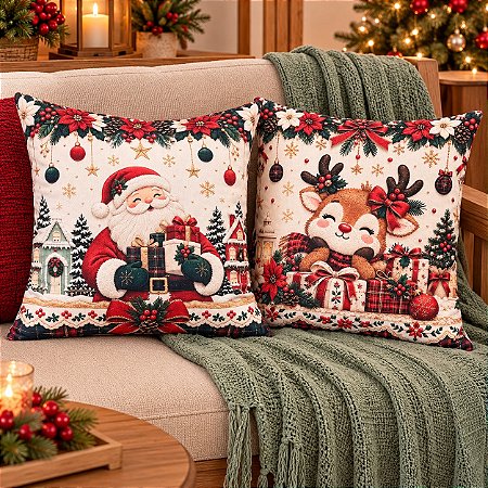 Kit Com 2 Capas P/ Almofada De Natal Composê Papai Noel E Rena Natalina