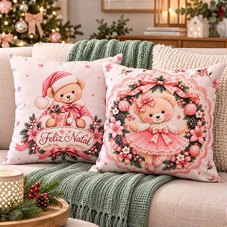 02 Capas Para Almofadas Decorativa Natal - Estampa Digital Casal Urso Natalino Rosa