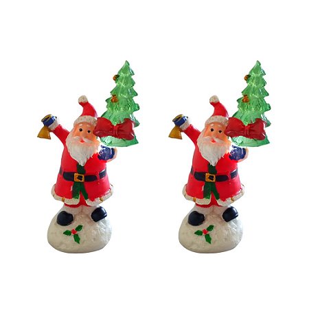 Jogo Com 2 Papai Noel Com Árvore de Natal Iluminada 15,5cm Resina - SALDÃO.  - Papel Mache