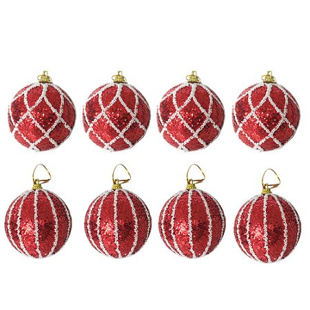 Jogo 2 Bolas Decorada Vermelho com Brilho e Branco 10cm Natal