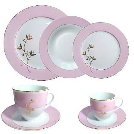 Aparelho de Jantar 42 Peças Porcelana Rosa com Flores Douradas - Dynasty -  Papel Mache