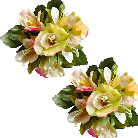 Jogo C/ 2 Mini Buquê De Azaleia C/ 7 Flores 27cm Bege/Rose. - Papel Mache