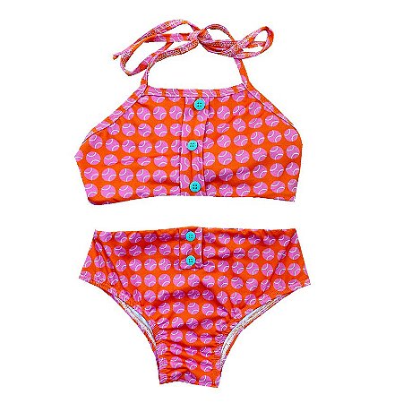 BIQUÍNI RETRÔ  infantil . estampa ORANGE AND ROSE BALL TENNIS  . OTA .