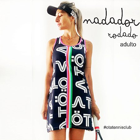 vestido  de TENNIS | nadador |RODADO| .  estampa SMASH_ BRANCO COM PRETO . ÖTA TENNIS CLUB