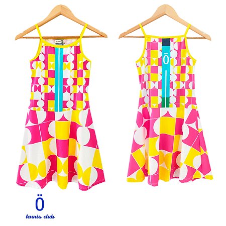 vestido  de TENNIS | SERENA | .  estampa GEOMÉTRICO AMARELO COM ROSA . OTA .