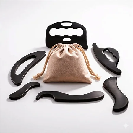 Kit Instrumentos de Liberação Miofascial em Inox e Polímero Preto – Combo 6 Peças