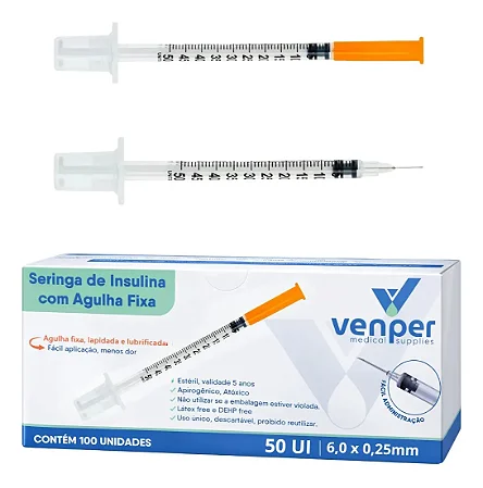 Seringa para Insulina e Botox Venper 0,5ml 50 UI com Agulha Fixa 6mm x 0,25mm – Cx 100 Unidades