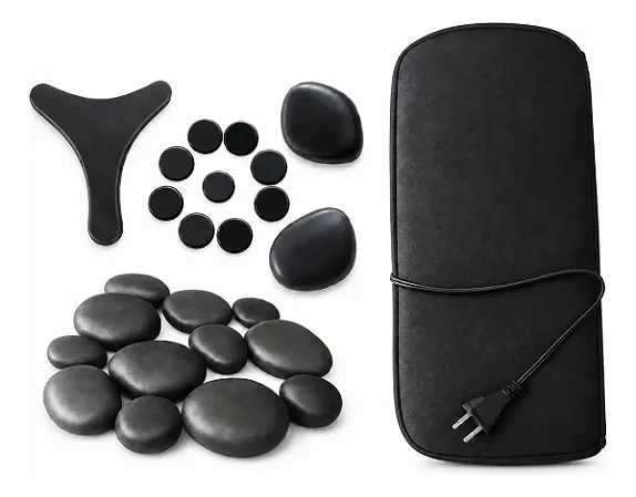Kit 12 Pedras Quentes Vulcânicas para Massagem + Bolsa Térmica