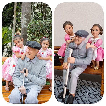 Idoso com 2 crianças + cachorro escultura topo de bolo personalizado em biscuit