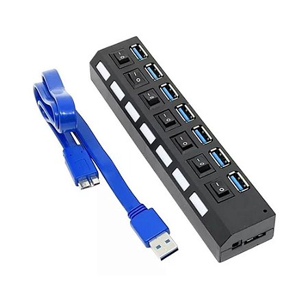 Hub USB 3.0 Hi-Speed 7 Portas com Chave Preto