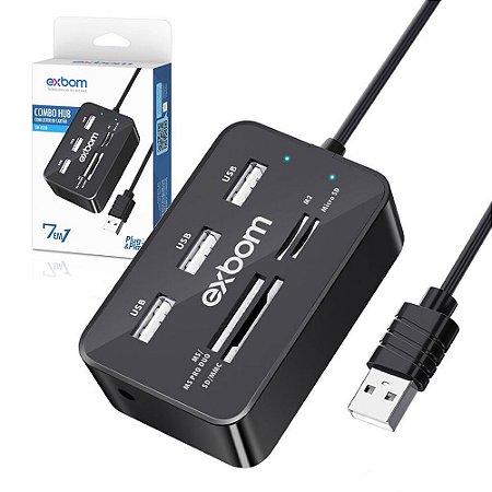 Adaptador Hub e Leitor de Cartão USB Exbom UH-R320 Preto