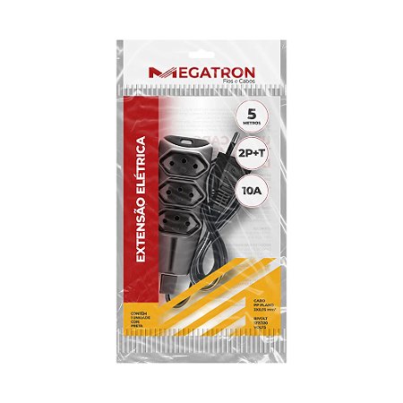 Extensão 3 Tomadas Megatron 5 Metros Bivolt Preto
