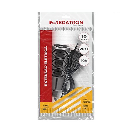 Extensão 3 Tomadas Megatron 10 Metros Bivolt Preto