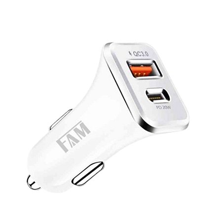 Carregador Veicular Fam QV361 1 USB Carga Rápida 1 Tipo C