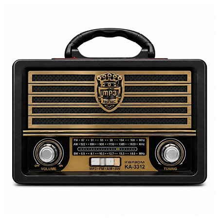 Rádio Portátil Kapbom KA-3312 FM/AM/SW3/USB/SD Marrom e Preto