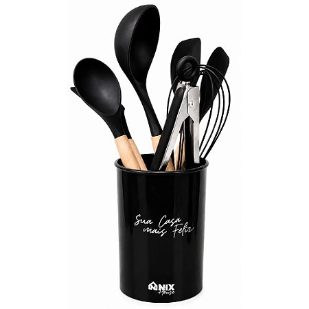 Kit Utensílios Silicone Nix House NX349 Cabo Madeira 7 Peças Preto