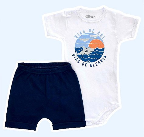 Conjunto Body e Shorts Branco e Azul Marinhos Estampado "Dias de Sol" Tamanho 1 ao 3