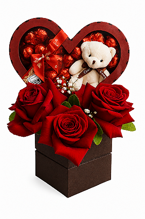 Arranjo Romance Chocolate & Rosas Colombianas Premium