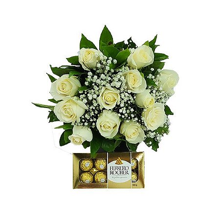 Buquê Clássico 12 Rosas Brancas com Ferrero Rocher