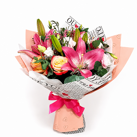 Buquê Encanto Rosé de Lírios & Rosas Importadas Premium