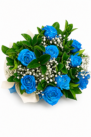 Buquê Safira Azul 9 Rosas Azuis & Gypsofila Premium