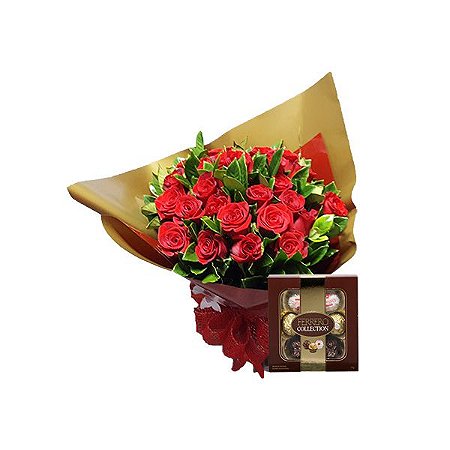 Buquê 24 Rosas Vermelhas Colombianas com Ferrero Collection