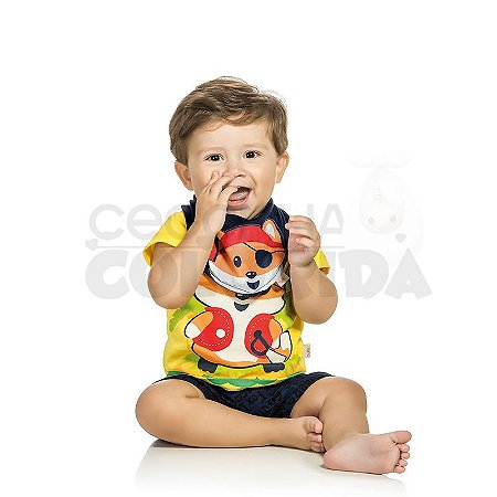 Conjunto Curto Bebê Menino Pirata com Babador Bandana