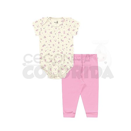 Conjunto Bebê Body Floral Manga Curta com Calça Kiko Baby