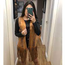 Colete Feminino com Franjas/Suede/Outono/Inverno