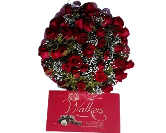 Buquê de 36 Rosas Vermelhas ou Coloridas com Ferrero Rocher  ( 8 unidades ) ou Chocolate Importado