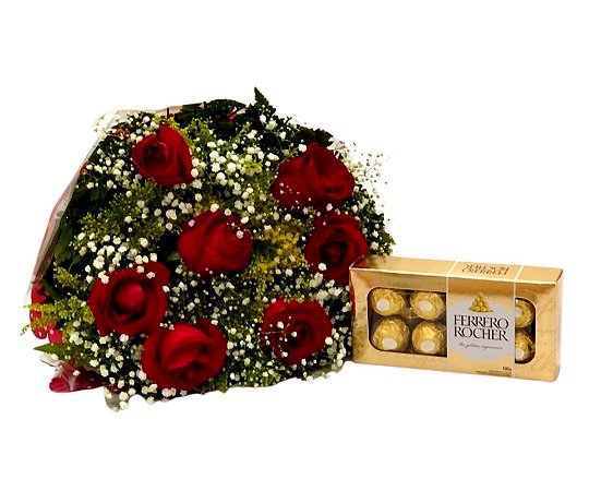 Buquê de 6 Rosas Vermelhas ou Coloridas com Chocolate Língua de Gato ou Ferrero Rocher 8 unidades