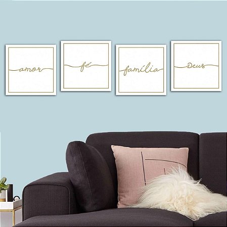 Kit 4 Quadros Decorativos Branco Amor Fé Paz