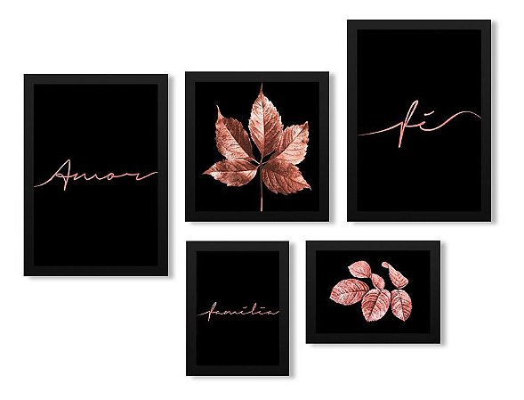 Kit 5 Quadros Frases Folhagem Rosê Moldura Preta com Vidro