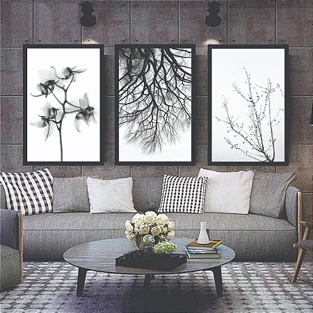Quadro Decorativo Árvore Flores Preto E Branco Minimalista